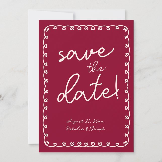 Hand Written Burgundy Retro Funky Modern Wedding  Save The Date (Front)