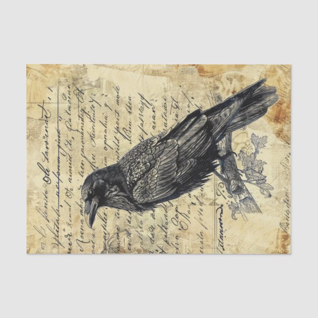 Hand Written Calligraphy Vintage Raven Decoupage Tissue Paper (Front)