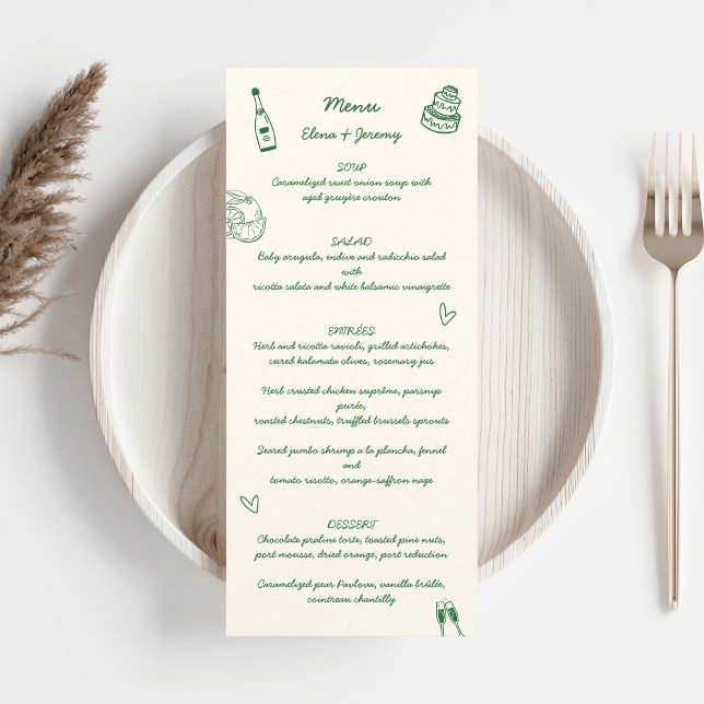 Hand Written Drawing Scribble Green Wedding Menu (Green hand illustration wedding menu)