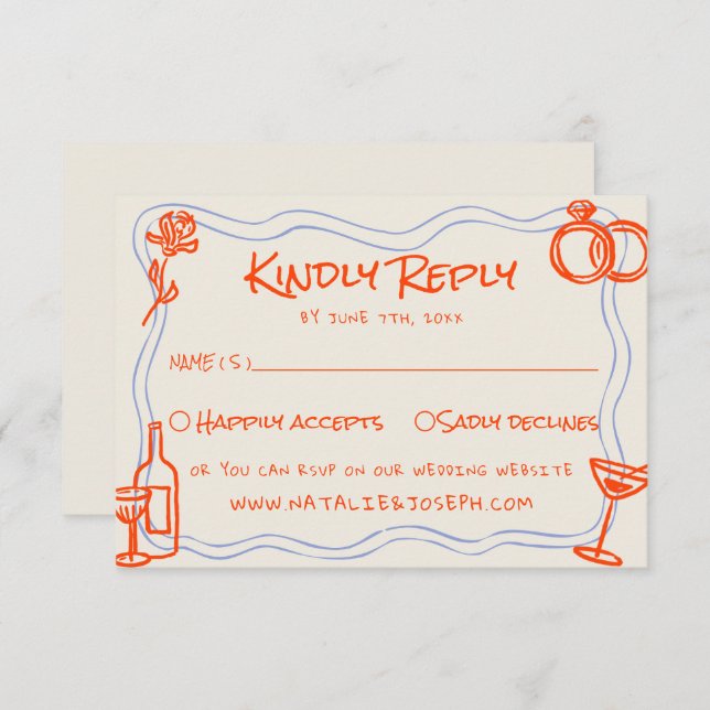 Hand Written Drawn Blue Orange Funky Wedding RSVP Card (Front/Back)