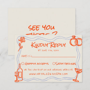 Hand Written Drawn Blue Orange Funky Wedding RSVP Card