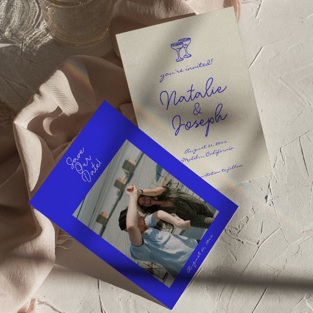 Hand Written Drawn Blue Retro Unique Photo Wedding Save The Date (Creator Uploaded)
