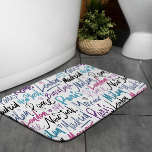 Hand Written Famous Cities of the World Pattern Bath Mat