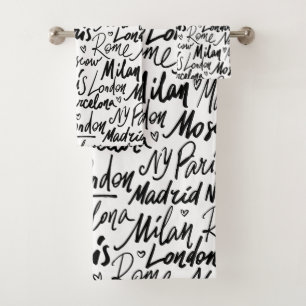 Hand Written Famous Cities of the World Pattern Bath Towel Set