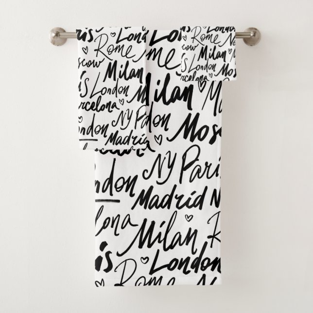 Hand Written Famous Cities of the World Pattern Bath Towel Set (Insitu)