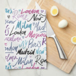 Hand Written Famous Cities of the World Pattern Kitchen Towel<br><div class="desc">Stylish pattern made up names of famous cities of the world (New York,  Milan,  Rome,  Barcelona,  Moscow,  Paris,  Madrid) in beautiful blue,  purple and pink shades.</div>