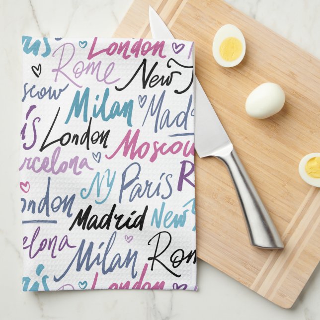 Hand Written Famous Cities of the World Pattern Kitchen Towel (Quarter Fold)