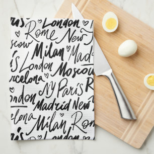 Hand Written Famous Cities of the World Pattern Kitchen Towel