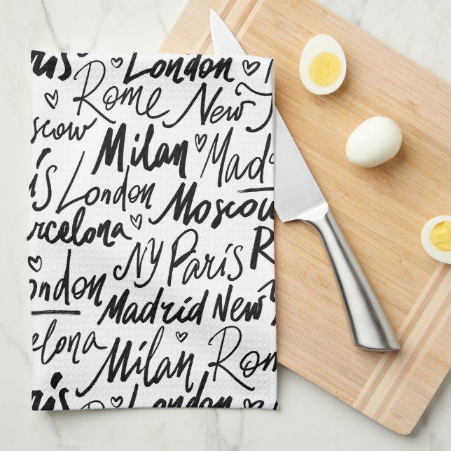 Hand Written Famous Cities of the World Pattern Kitchen Towel (Quarter Fold)
