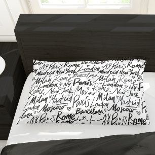 Hand Written Famous Cities of the World Pattern Pillowcase