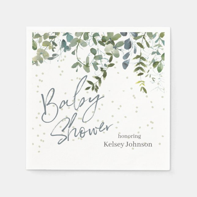 Hand-Written Greenery Eucalyptus Baby Shower Napkin (Front)