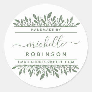 Hand-written Name Sage Green Botanical Handmade By Classic Round Sticker