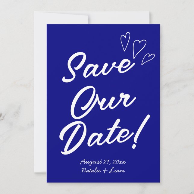 Hand Written Navy Colourful Retro Modern Wedding Save The Date (Front)