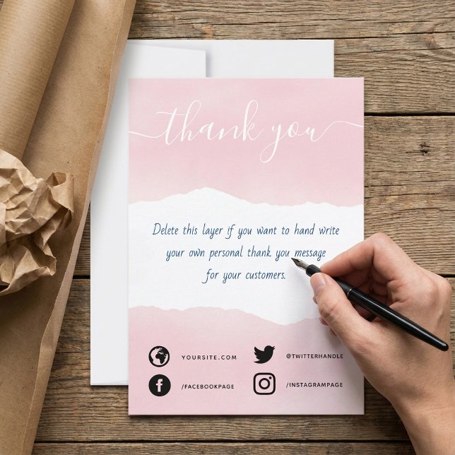 Hand written pink watercolor thank you insert card (Hand written pink watercolor thank you insert card.)