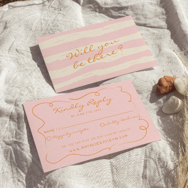 Hand Written Pinstripes Whimsical Colourful Weddin RSVP Card (Creator Uploaded)