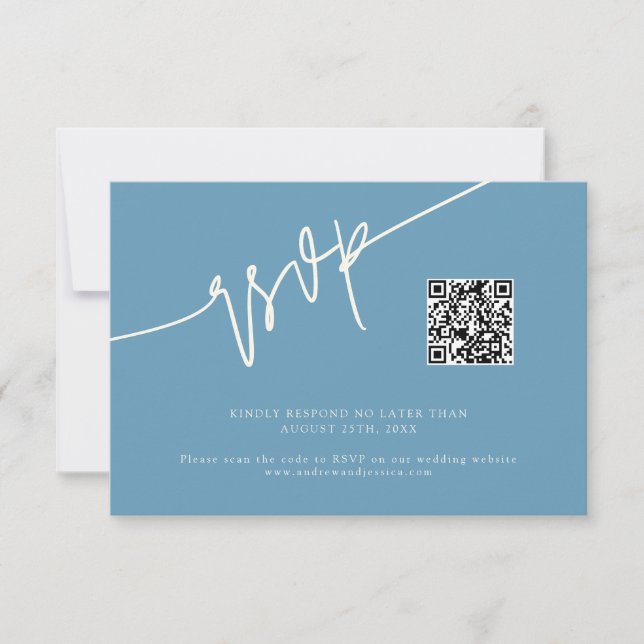 Hand Written Script Denim Blue Wedding QR Code RSVP Card (Front)
