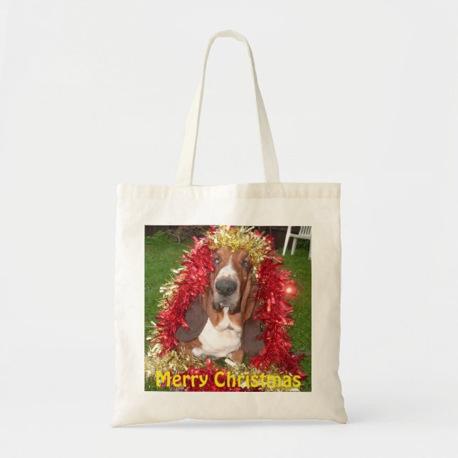 Handbag Merry Christmas Basset Hound In Garland (Front)