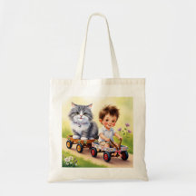 Handbags, boy, stroller and cat