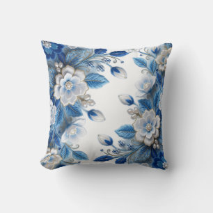 Handcrafted Blue Silk 3D Floral Embroidery Throw Pillow