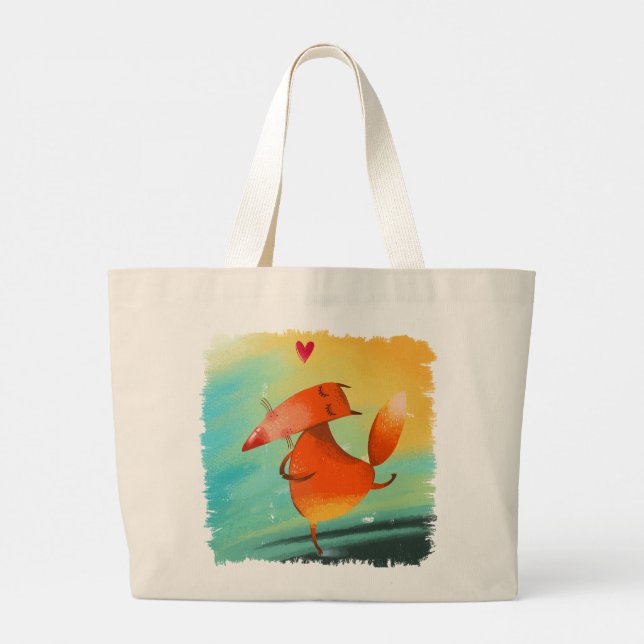 Handcrafted Watercolor Illustration Funny Fox Large Tote Bag (Back)
