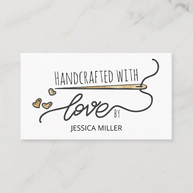 Handcrafted with Love Gold Sewing Needle White Business Card (Front)