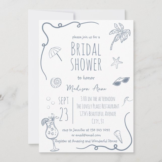 HandDrawn Beach Doodle Illustrations Bridal Shower Invitation (Front)