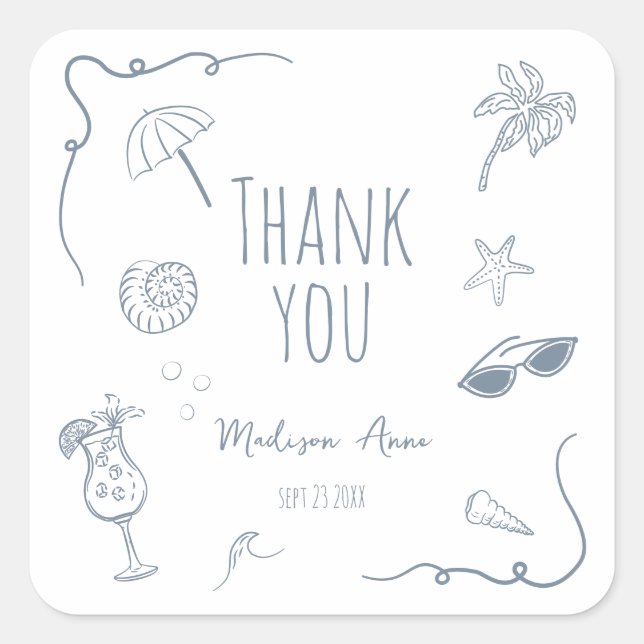 HandDrawn Beach Doodle Thank You Bridal Shower Square Sticker (Front)