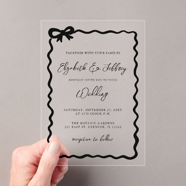 Handdrawn Black Bow Modern Chic Wedding Acrylic Invitations (Insitu (Handheld))