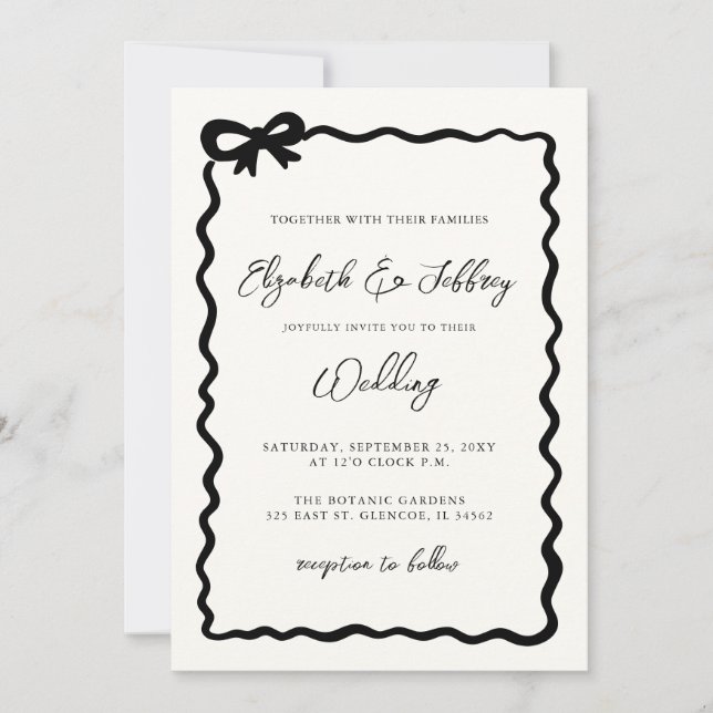 Handdrawn Black Bow Modern Chic Wedding Invitation (Front)