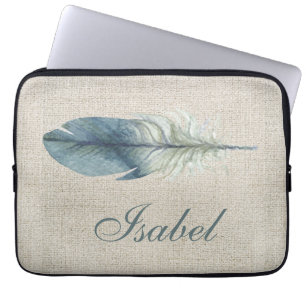 Handdrawn blue grey watercolor feather light beige laptop sleeve