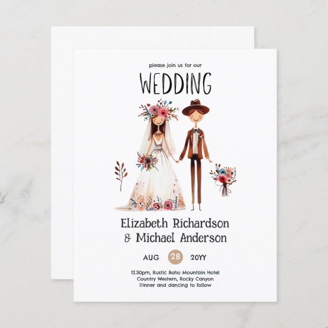 Handdrawn Boho Bride Groom Funny Wedding Invites (Front/Back)