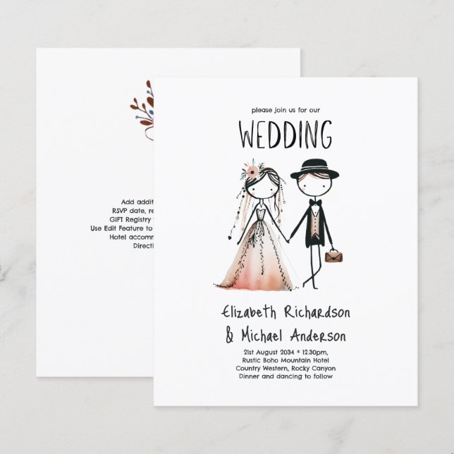 Handdrawn Bride Groom Simple Cute Wedding Invites (Front/Back)