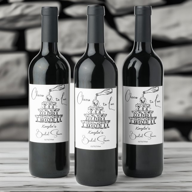 Handdrawn champagne tower minimalist template wine label (Hand drawn sketch champagne tower black and white minimalist bridal shower template wine label )