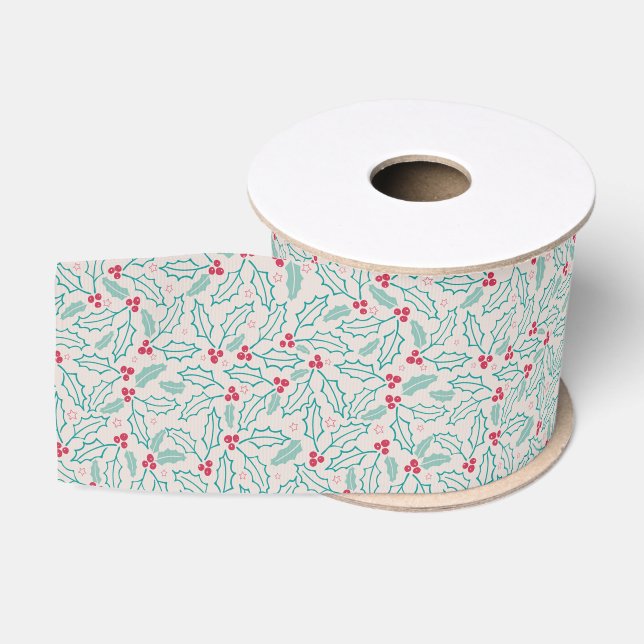 Handdrawn Christmas Holly Berries Red Green White Grosgrain Ribbon (Spool)