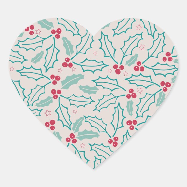 Handdrawn Christmas Holly Berries Red Green White Heart Sticker (Front)