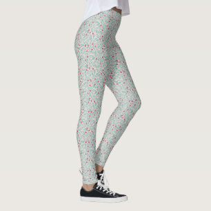 Handdrawn Christmas Holly Berries Red Green White Leggings