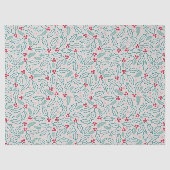 Handdrawn Christmas Holly Berries Red Green White Tissue Paper (Front)