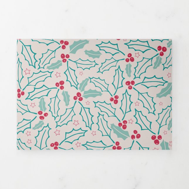 Handdrawn Christmas Holly Berries Red Green White Tri-Fold Holiday Card (Cover)