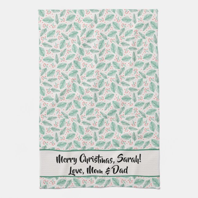 Handdrawn Christmas Pine Branches Green Red Kitchen Towel (Vertical)