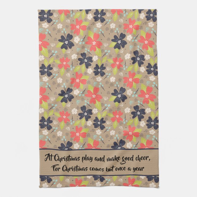 Handdrawn Christmas Poinsettia Red White Navy Kitchen Towel (Vertical)