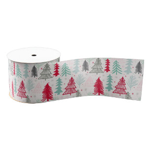 Handdrawn Christmas Trees Evergreen Pine Red Green Grosgrain Ribbon