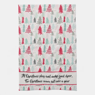 Handdrawn Christmas Trees Evergreen Pine Red Green Kitchen Towel