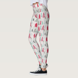 Handdrawn Christmas Trees Evergreen Pine Red Green Leggings