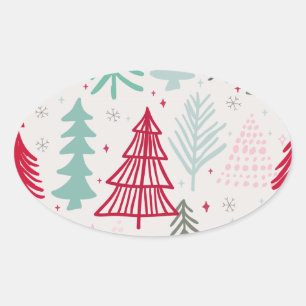Handdrawn Christmas Trees Evergreen Pine Red Green Oval Sticker