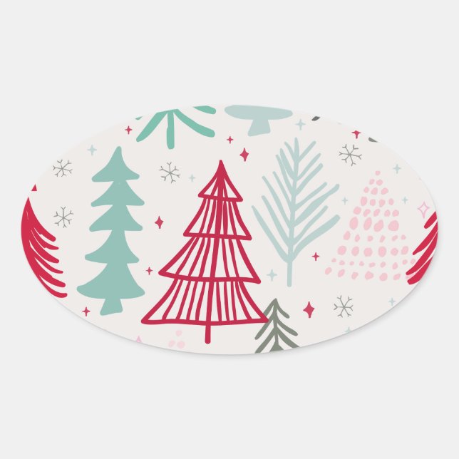 Handdrawn Christmas Trees Evergreen Pine Red Green Oval Sticker (Front)