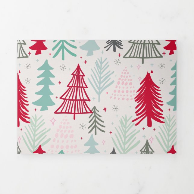 Handdrawn Christmas Trees Evergreen Pine Red Green Tri-Fold Holiday Card (Cover)