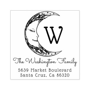 Handdrawn Crescent Moon Family Name Return Address Rubber Stamp