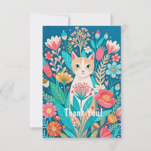 Handdrawn cute white cat and flowers thank you card (Front)