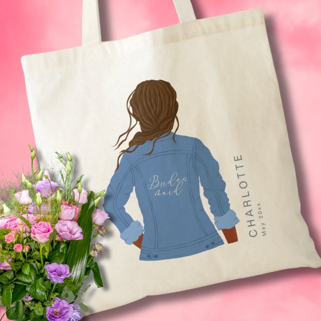 HandDrawn Denim Jacket Dark Hair & Skin Bridesmaid Tote Bag (Creator Uploaded)