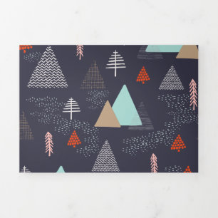 Handdrawn Evergreen Pine Trees in Snow at Night Tri-Fold Holiday Card